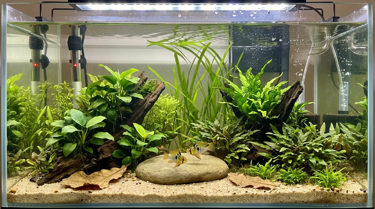 aquário bem plantado com casal de ramirezi, aquecedor e filtro, ambiente ideal para prevenir doenças