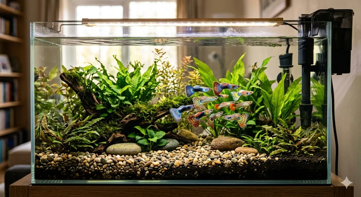 aquário plantado de 60 litros com cardume de guppys coloridos