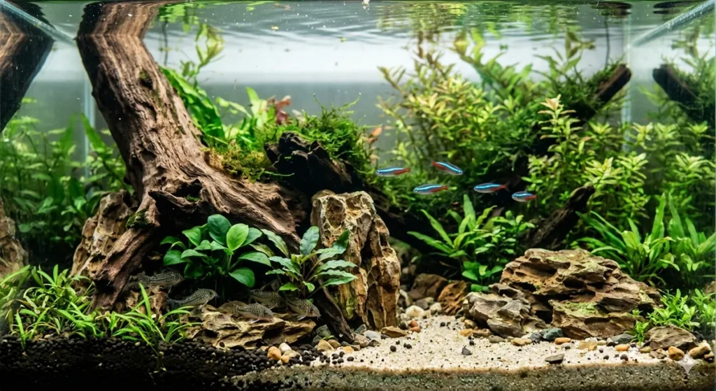 Aquário plantado com cardume de tetra neon saudável