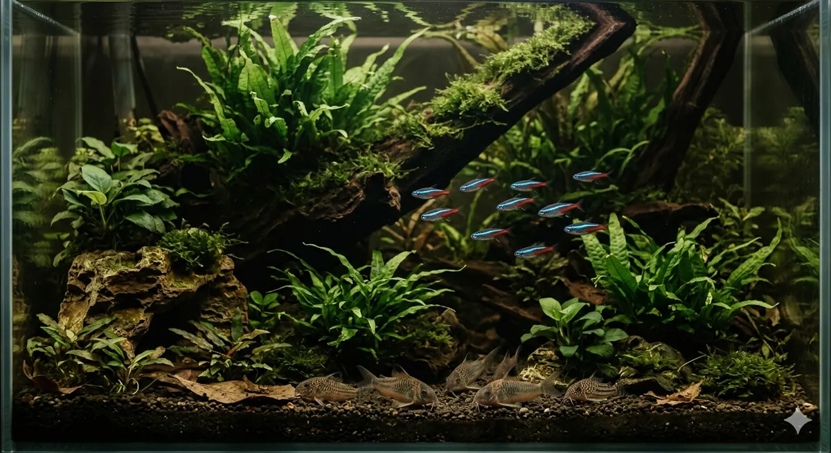 cardume de tetra neon com coridoras no fundo do aquário plantado