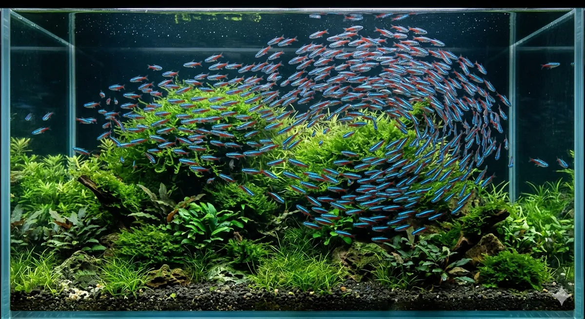 cardume de tetra neon nadando em aquário plantado