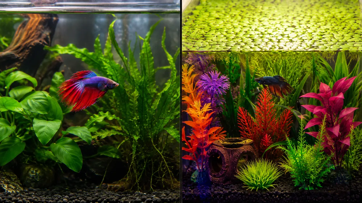 comparação entre aquário plantado saudável e aquário com plantas flutuantes em excesso para betta