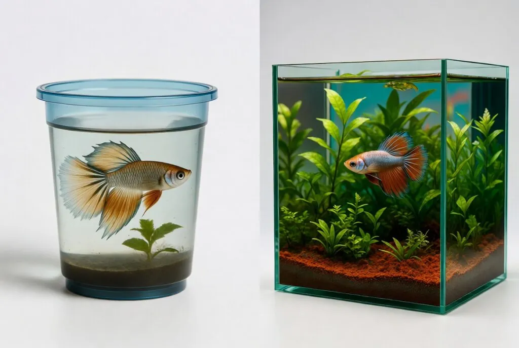 comparação lado a lado de beteira pequena de 3 litros versus aquário de 40 litros com plantas 