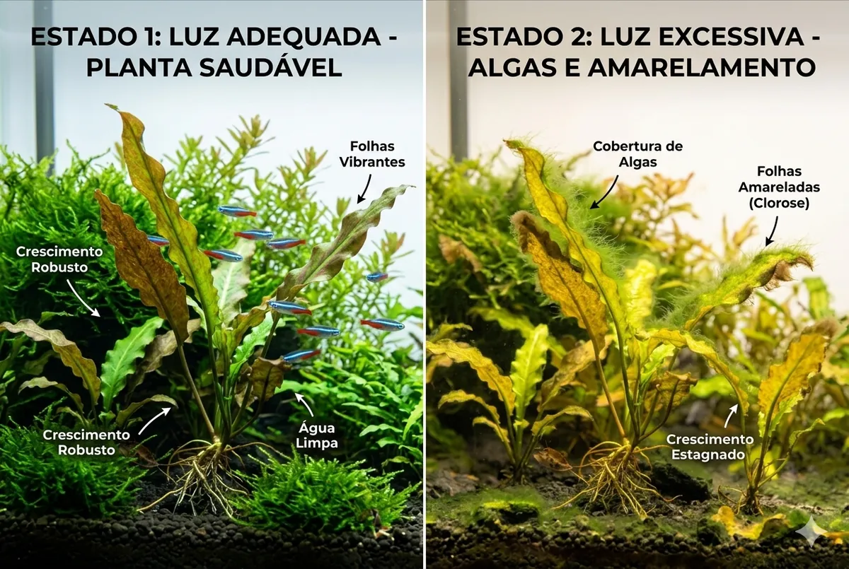 comparação entre uma planta saudável sob luz adequada e outra prejudicada por luz inadequada