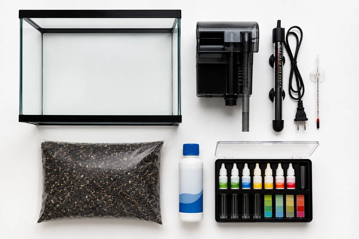 equipamentos necessários para montar um aquário. filtro, aquecedor, termometro, substrato, condicionado
