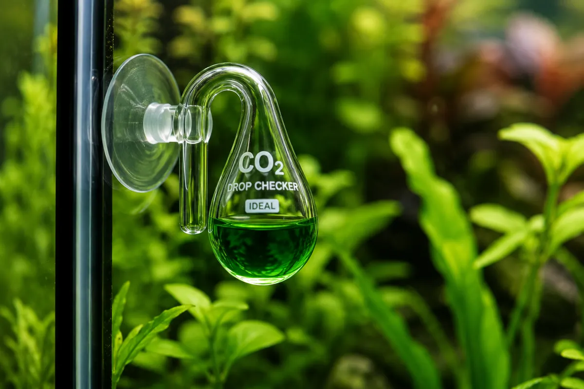 drop checker indicando o nível de CO2 no vidro do aquário plantado