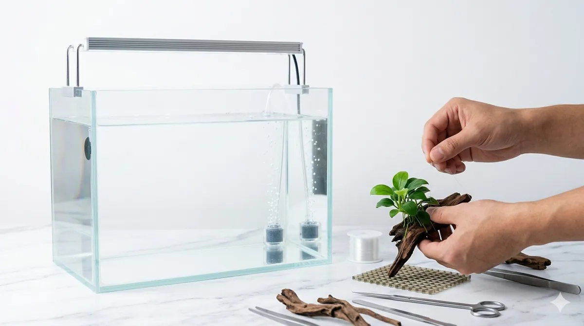 manutenção de plantas no aquário de betta, aparo de folhas com tesoura curva