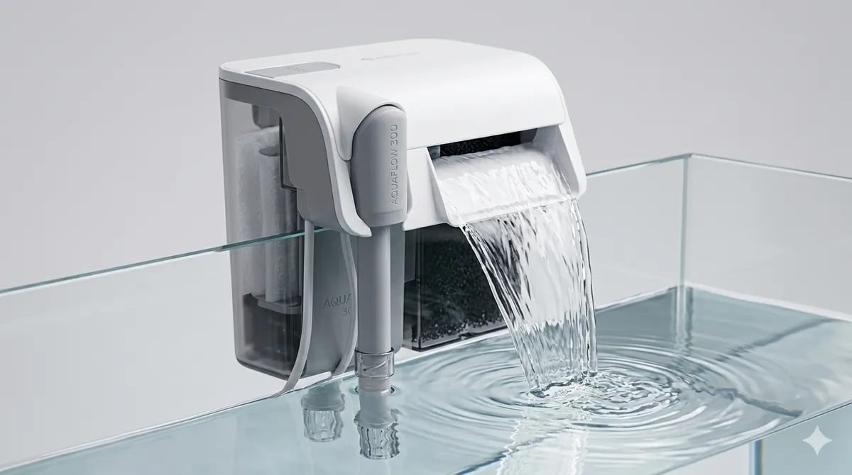 Melhor Filtro para Aquário. Filtro hang-on branco despejando água limpa no aquário com fluxo contínuo e superfície levemente ondulada
