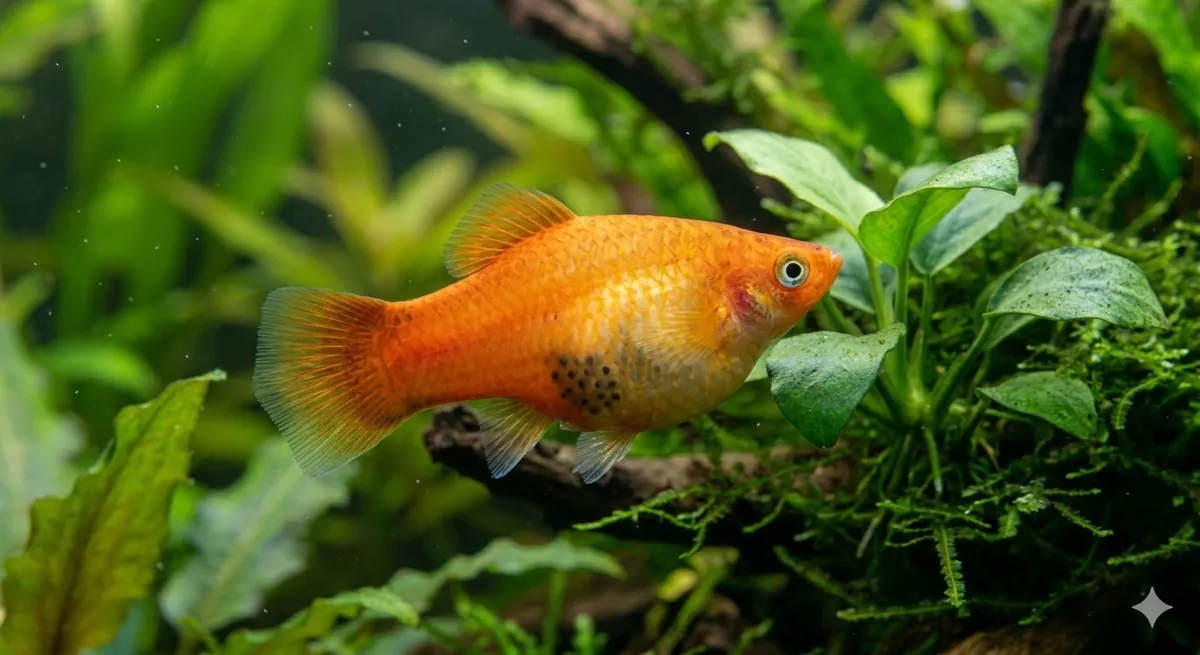 Peixe plati laranja nadando em aquário plantado