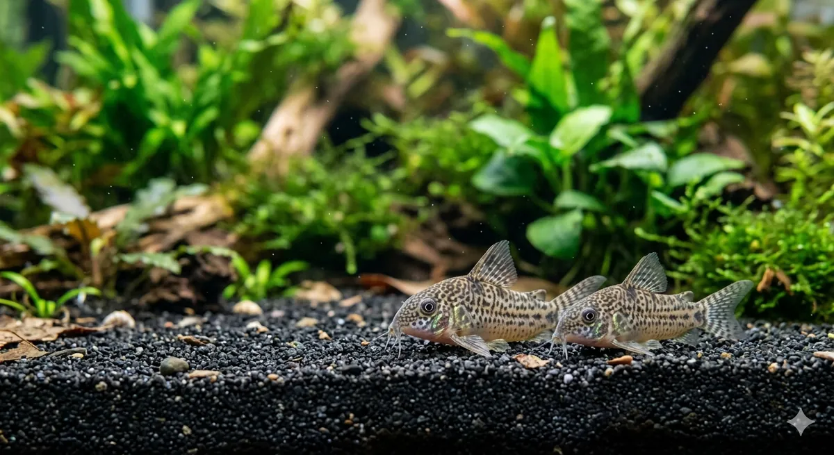 Peixes Compatíveis com Betta. duas coridoras no substrato de areia escura de aquário com plantas aquáticas ao fundo