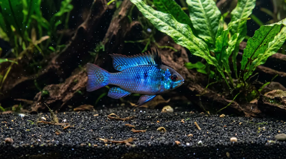 ramirezi azul elétrico, variedade criada por seleção, nadando em aquário com areia escura
