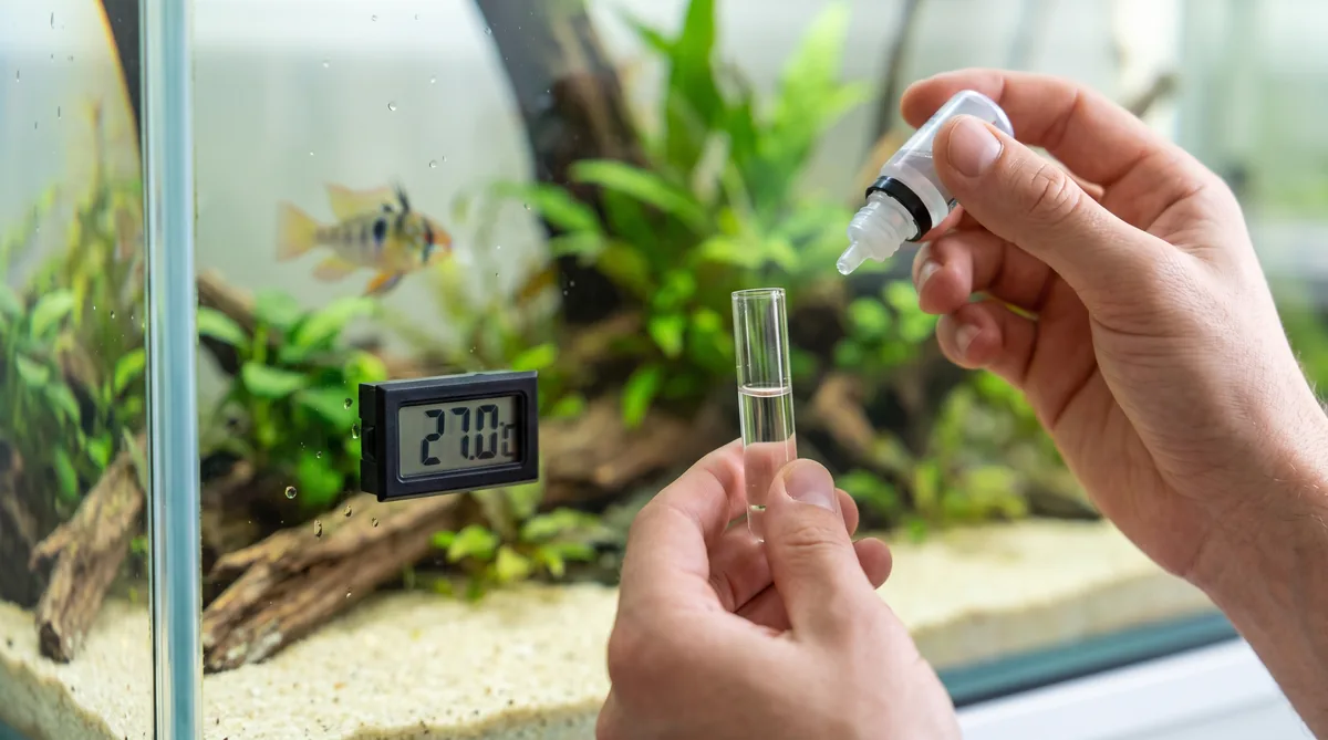 teste de qualidade da água em aquário com ramirezi, com termômetro digital marcando 27 °C
