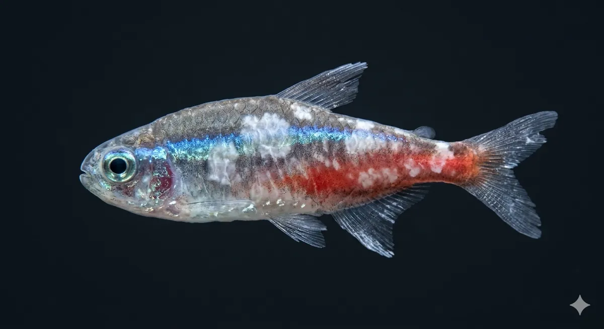 tetra neon com manchas esbranquiçadas, sinal da doença do neon