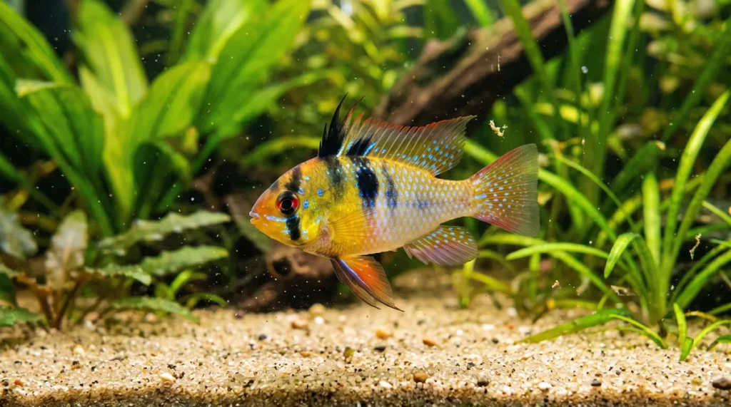 ramirezi clássico (Mikrogeophagus ramirezi) em aquário plantado, uma das variedades de ramirezi