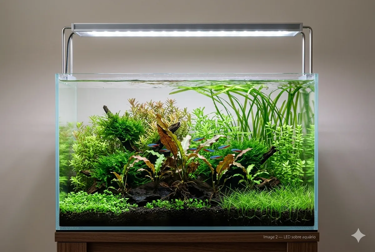 Uma luminária LED de design moderno e fino, feita de alumínio, suspensa sobre um aquário plantado de água doce. A luz branca brilhante ilumina intensamente as diversas plantas aquáticas, com destaque para a Cryptocoryne central (inspirada na imagem original) que exibe tons de verde e bronze. Peixes Neon Tetra nadam entre a vegetação, tudo em um cenário limpo e profissional.