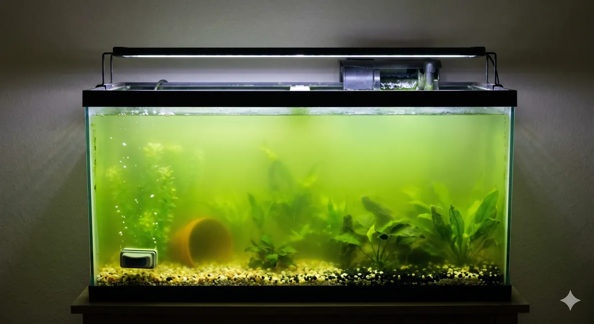 água verde e turva em um aquário iluminado por LED